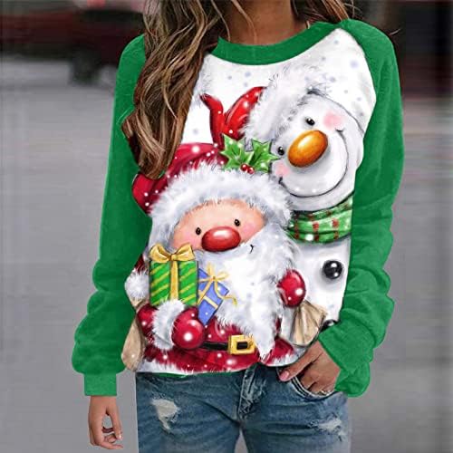 Женски Божиќни туники врвови мода 2023 година Нова Година со долги ракави џемпери за екипаж смешни симпатични падови за џемпери за џемпери