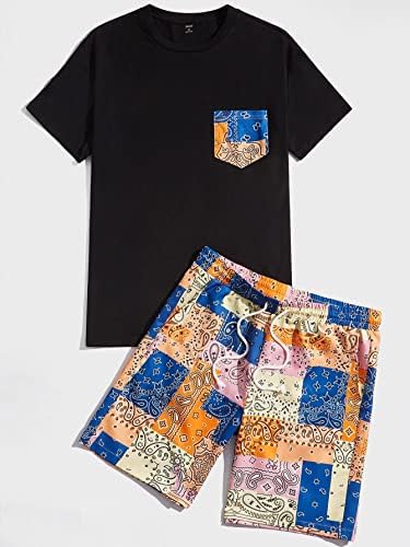 Фиокса облека со две парчиња за мажи мажи за печатење на печатење во џеб и шорцеви за половината за влечење