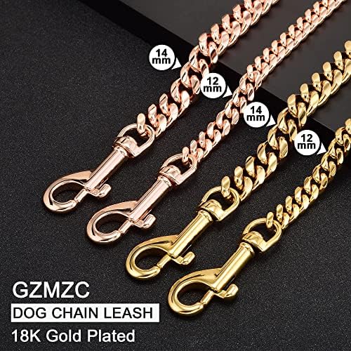 GZMZC ланец на кучиња поводник од розово злато од 15мм тешки ланци на кучиња со кожена рачка со кожна рачка за мали кучиња синџир на јака