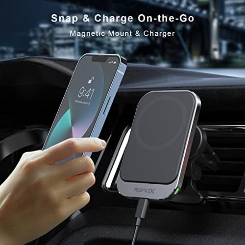 Rapidx Dashio MW1 Car Vent Mount & Magnetic Wireless Charger Pad, до 15W, за iPhone 14/13/12 & понов, или друг iPhone/Android со магнетна