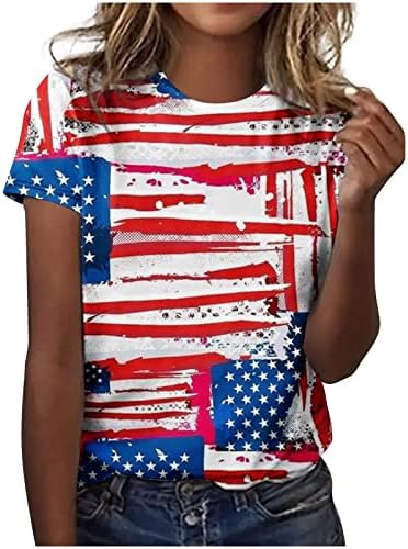 Ден на независност маици за жени графички маички со екипаж на екипаж на графички маички САД Туника блузи 4 -ти јули Гроздобер врвови