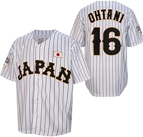 Менс Охтани 16 Зашиени Јапонски Бејзбол Дресови Бели Црни Пругасти Кошули