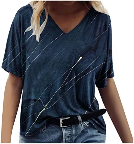 Врво на тренингот за жени мермер печатено лето плус големина врвна лабава маица со краток ракав V вратот Симпатични кошули случајни блузи
