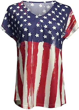 Женски V Вратот Блузи Американски Знаме Печатење Патриоти Маица Повик Лабава Вклопуваат Краток Ракав Денот На Независноста Маици