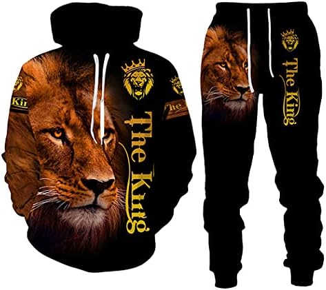 Сет на џемпери со печатени качулка со лав 3Д, есенска зимска машка спортска облека за вежбање со долг ракав