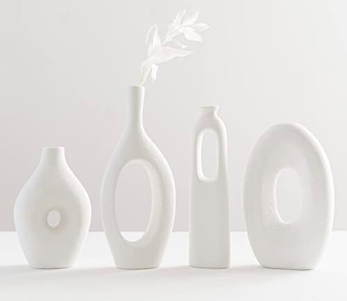 Бела керамичка вазна сет-4 нордиска овална крофна вазни за декор, бохо круг шуплива тркалезна вазна за пампас трева, минималистички