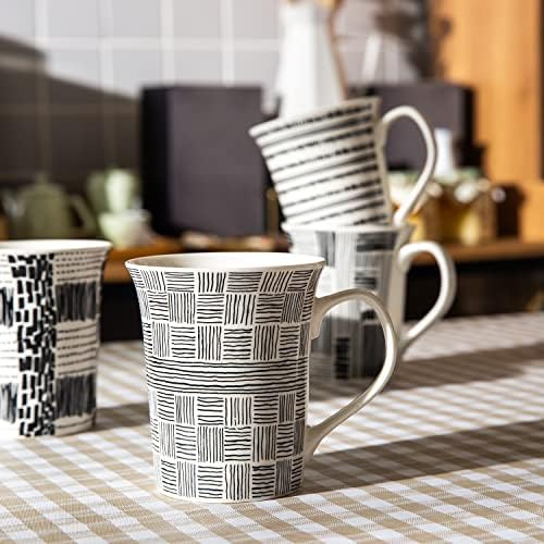 Aubcee 12 мл чаши за кафе, сет од 4 порцелански чаши, лесен за држење на голема рачка, црна и бела геометриска обрасци керамички чај за чај