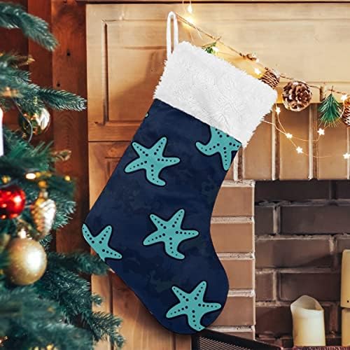 Божиќни чорапи морско -starвездички образец сина позадина бела плишана манжетна мерцеризирана кадифена семејна празник персонализиран голем