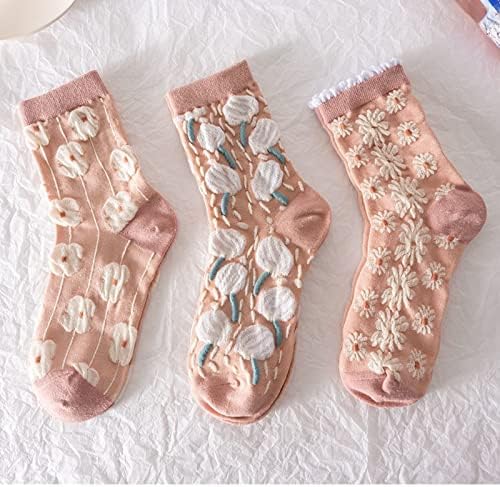 MeganjDesigns цветни чорапи сет од 6 пара пакувања жени 6 парчиња симпатична цветна геометриска 3Д текстура со 6 пар