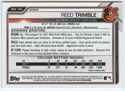 2021 Bowman Chrome Draft Refaftor BDC-144 Reed Trimble RC RC RC RC Baltimore Orioles MLB Baseball Trading Card