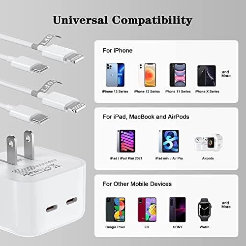 Брз полнач на iPhone, 40W двојно USB-C Брз wallиден полнач [Apple MFI овластен] 2 пакет 10ft Дополнителен долг молња кабел+двојно