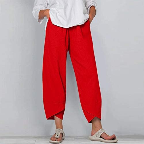 Употреба на жени постелнина памук каприс еластична половината капри панталони со високи панталони за половината постелнина плус големина облека
