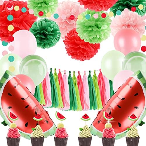 Декорации за забави на лубеници од лубеница - розова зелена ткиво хартија Пом Помс Тасел Гарланд Банер лубеница на водачи на