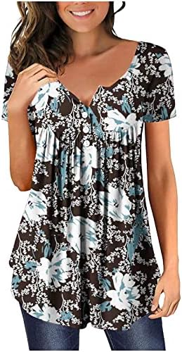 Тинејџерски девојки маица краток ракав 2023 памук V вратот цветни графички лабави вклопени опуштени вклопни бренд врвот за жени Ли Ли