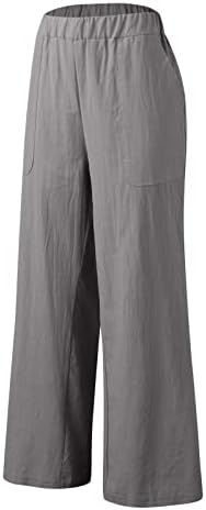 Женски обични цврсти хеланки со висока половината лабава широка нозе пријатни панталони удобни панталони со права нозе салон со џебови со