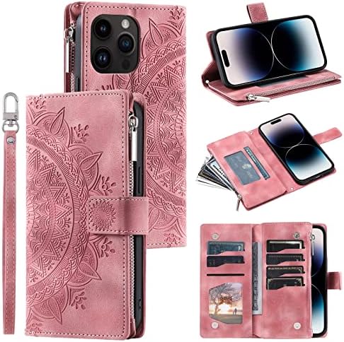 Дневникот на мавис Компатибилен со iPhone 13 Pro Max Случај Паричник За Жени, Мандала Цветни Врежана Стп Кожа Фолио Патент Покритие Магнетни