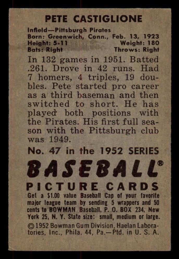 1952 Бауман 47 Пит Кастиглионе Питсбург Пиратите екс пирати
