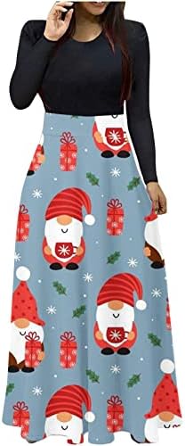 Christmasенски Божиќен обичен макси долги фустан со целосен ракав лажичка вратот А-линија занишани фустани дами со високи половини