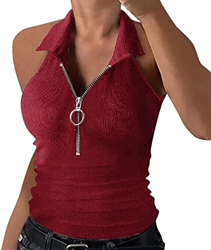 Кожна кошула од мијашуи девојки цврсти женски T Zipper Stripe Lapel елек без ракави кошула боја женски резервоари и облечен врв