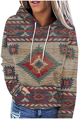 Oplxuo женски западни ацтеки етнички стил со џеб со џеб ретро геометриски принт со долги ракави за џемпери за џемпери за џемпери
