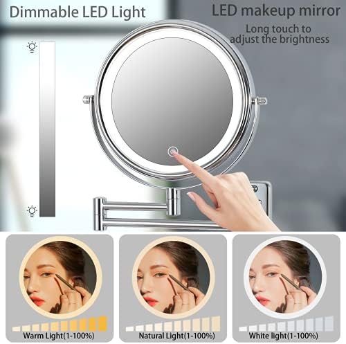 Шминка Огледала Осветлени Зголемување 10x Ѕид Монтирани Шминка Огледало 8 Инчи со 3 БОЈА LED Светло Режими, Затемнети Екран