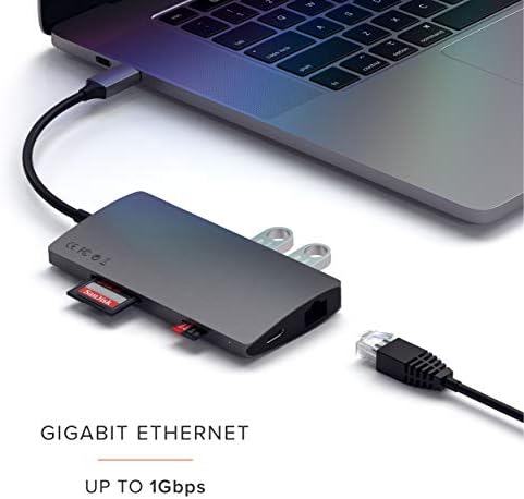 SATECHI USB C Hub Multiport Адаптер V2-USB C Dongle-4K HDMI, 60w USB C Полнење, GbE, Sd/Читачи На Микро Картички, USB 3.0-USBC