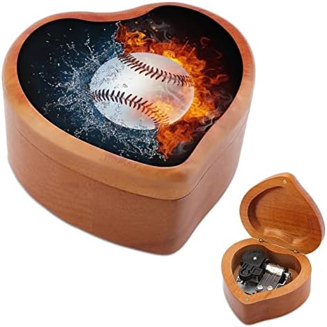 Бејзбол топка во оган и вода дрвена музичка кутија со срцев облик на срцева кутија гроздобер дрвена часовна музичка кутија подароци