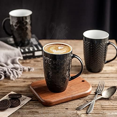 АМОРАРЦ Големи чаши за кафе сет од 6, 22oz керамички високи чаши за кафе поставени со текстурирани геометриски обрасци за лате/чај/пиво/топло