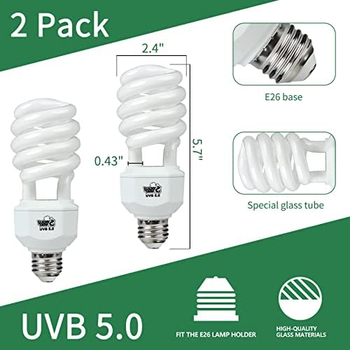 Среќна херп 2 пакет UVA UVB рептил светлина, 23W 5,0 UVB сијалица за тропски и под тропски влекачи, компактен флуоресцентна терариумска