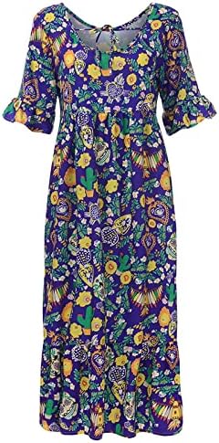 Wpoumv лето плус големина макси фустани за жени бохо цветен печатен фустан со краток ракав екипаж на вратот на вратот случајни лабави долги фустани