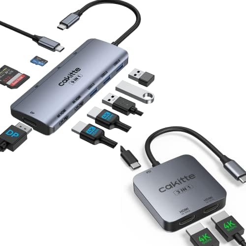 Cakitte USB C до двојна HDMI адаптер и 9 во 1 докинг станица