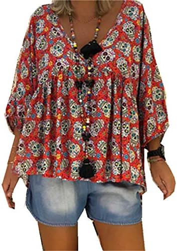 Andongnywell женски обичен v врат лабав ракав врвови шифон блузи кошули печати шифонска кошула туники