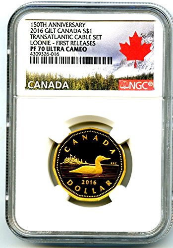 Канада Сребрен Доказ Луни Долар .9999 Фино Позлатено Злато Лун ПРВО ИЗДАНИЈА UCАМ 1 1 PF70 NGC