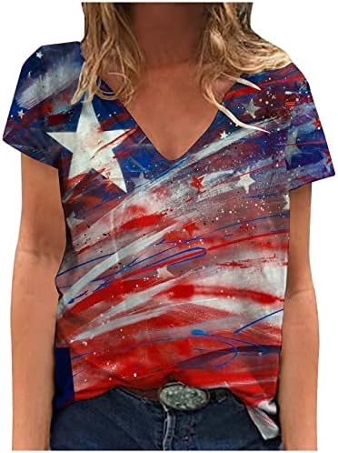 Девојки американско знаме starвезда графички лабави вклопени маици vneck блузи маички кратки ракави бранч летни есен маици