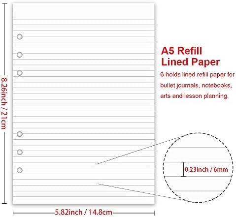 Рефил на хартија со хартија A5, 100 листови/200 страници за полнење хартија за големи врзива за кожни врски/врзива за филофакс, 6 дупки,