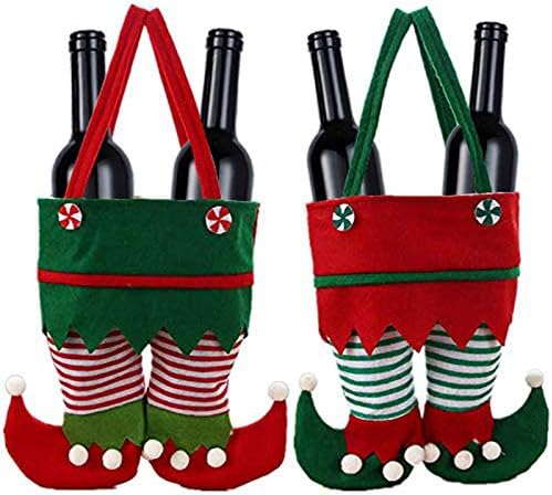 2 пакети Божиќни бонбони торба Дедо Мраз панталони Божиќно шише со црвено вино и држач за снек торба, преносна корпа за подароци со рачка