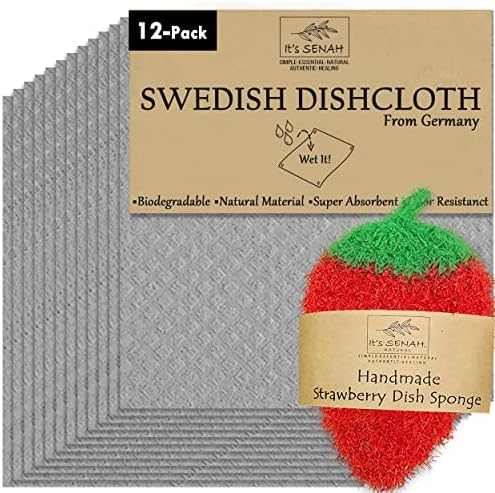 [12pack+1Loofah Dish Sponge] природни биоразградливи шведски садови за кујна | Не-дисколацијата, без сунѓер, супер апсорбирачки сад сунѓер