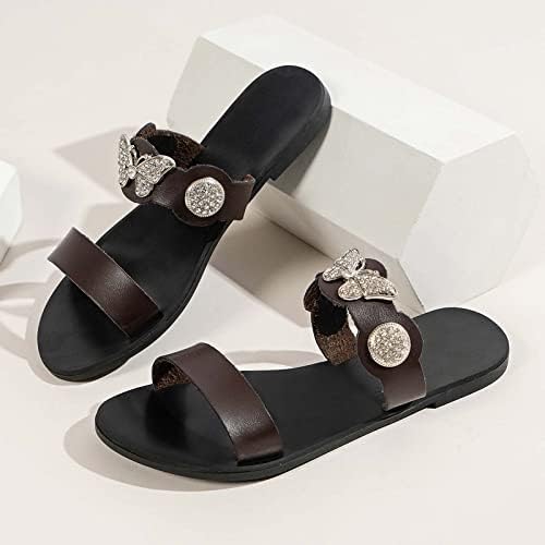 Папучи за жени Пеперутка Rhinestone декор на отворено двојно лента лизгање на слајдови летни рамни сандали чевли