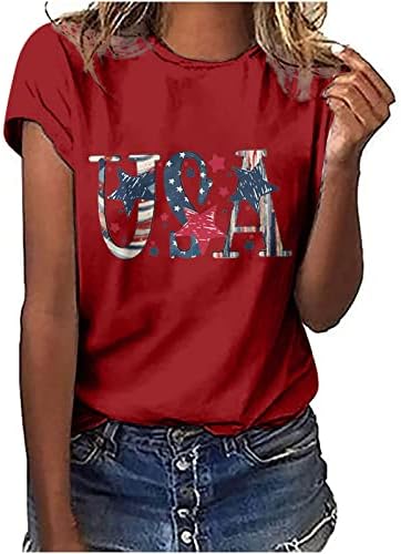 Графички маички во САД за жени Смешно печатење на 4-ти јули маица женски летни врвови лабава вклопена екипаж вратот модна блуза