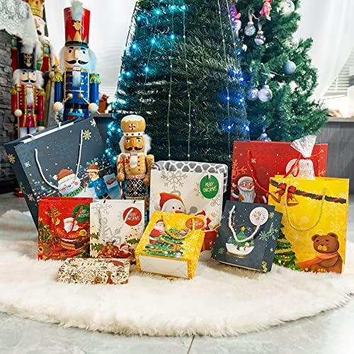 Божиќни торби со Uptotop со ознаки за подароци, 18 парчиња 8 различни дизајни Божиќни торби за подароци со рачки, 4 големи 6 средни 8 мали