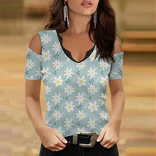 Womenените ладно рамо врвови 2023 лето лето -обичен кратки ракави цветни печати Туника маичка секси чипка за чипка V вратот блуза