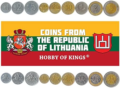 9 Монети Од Литванија | Литванска Колекција На Монети 1 2 5 10 20 50 Центи 1 2 5 Литаи | Циркулирано 1991-2014 | Витез | Коњ | Витис