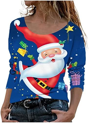 Ufенска блуза во Уфоко, преголема количина на должина за жени со долг ракав Божиќ кул тенка екипаж маица графика