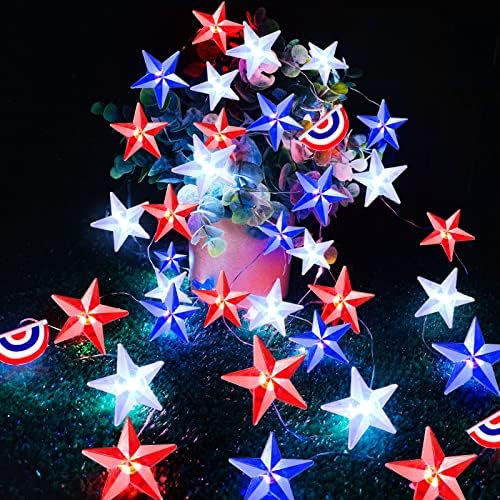 10 -ти 40 -та starвездени светла на американско знаме, 4 -ти јули патриотски украси црвени бели и сини самовила батерија оперирани
