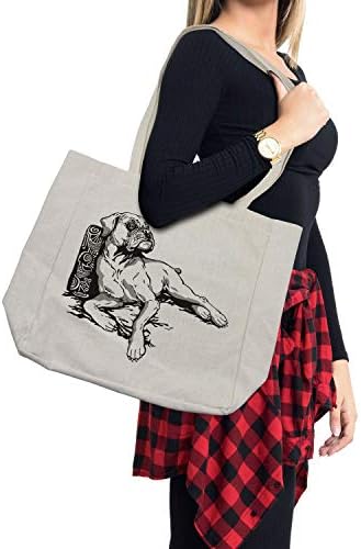 Торба за купување кучиња во боксерот Амбесон, монохроматска илустрација на животно детално куче нацртана, еколошка торба за еднократна употреба за плажа на намирн