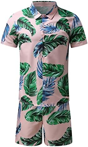 Ubst Машки Хавајски 2 парчиња поставува случајни копче-надолу со кратки ракави Тропски печатени кошули шорцеви летни облеки