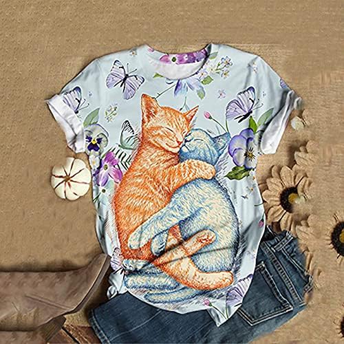 Женски кратки ракави маица врвови мода симпатична мачка печатена мачка екипаж ролна ракав за обична графичка блуза