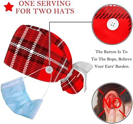 2 пакувања за работни капачиња со копче, црвен шкотски кариран буфан чистач капи за жени долга коса