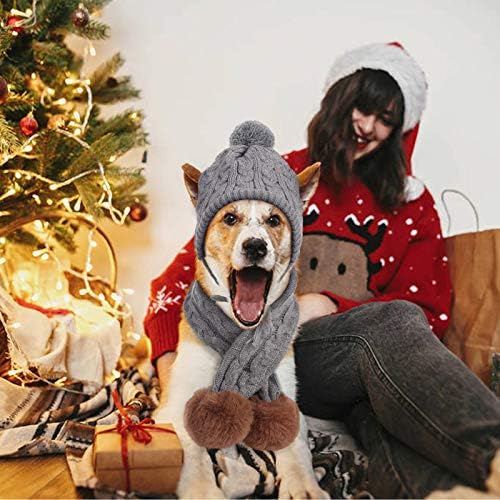Идомик кучиња капа и шамија поставена топла капа за плетење со дупки за уши и шамија на кученца пом за ладно време зимска глава вратот потопло