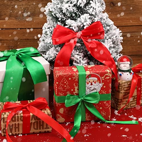 FebsNow 4 Rolls 100 јарди Божиќна лента, 0,8 инчи и 2 инчи широки празници црвени зелени сатенски панделки за Божиќни подароци за завиткување и